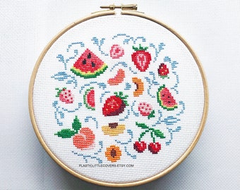 Modern Cross Stitch Pattern PDF - Summer Fruit - Strawberry Peach Watermelon Cherry - Cute X Stitch - Pixel Art Fruit - Kitchen Kitsch Decor