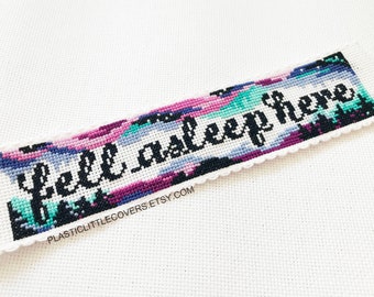Modern Cross Stitch Bookmark Kit - Fell Asleep Here - DIY Funny Book Lover Gift - Northern Lights Aurora Borealis - Beginner Friendly