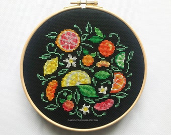 Modern Cross Stitch Pattern PDF - Citrus Fruit - Oranges Lemons Lime Grapefruit - Fruity Kitchen Decor - Black Aida - Cute Summer Design