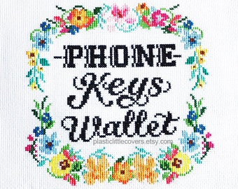 Modern Cross Stitch Pattern PDF - Phone Keys Wallet - Housewarming New Home Gift - Cute Bright Floral - Cursive Typography Bold Lettering