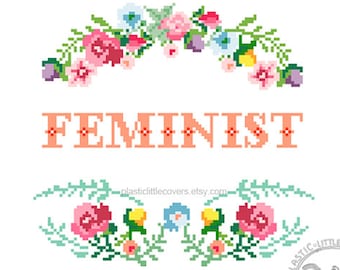 Modern Cross Stitch Pattern PDF - Feminist - Cute Bright Floral Wreath - Feminist Craft DIY Gift Idea - Home Office - Housewarming Gift