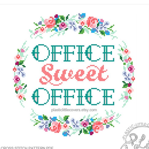 Modern Cross Stitch Pattern PDF - Office Sweet Office - Floral Funny X Stitch - New Job Co Worker Gift - Home Office - Working From Home