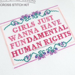 Feminist Cross Stitch Kit - Girls Just Wanna Have Fundamental Human Rights - Modern DIY Craft Project - Beginner Friendly - Pink Jewel Tones