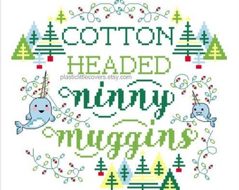 Modern Christmas Cross Stitch Pattern PDF - Cotton Headed Ninny Muggins - Cute Movie Narwhal - Funny Xmas Decoration - Yellow Green Trees