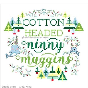 Modern Christmas Cross Stitch Pattern PDF - Cotton Headed Ninny Muggins - Cute Movie Narwhal - Funny Xmas Decoration - Yellow Green Trees