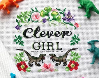 Dinosaur Cross Stitch Kit - Clever Girl - Modern DIY Craft Kit - Beginner Friendly - Velociraptor Dinosaur Lover Gift Dino Bedroom Decor