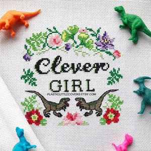 Dinosaur Cross Stitch Kit - Clever Girl - Modern DIY Craft Kit - Beginner Friendly - Velociraptor Dinosaur Lover Gift Dino Bedroom Decor