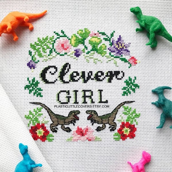 Dinosaurier Kreuzstich Stickmuster PDF - Kluges Mädchen - Moderne Dinosaurier Geschenkidee - Jurassic Park Velociraptor Dinosaurier Schlafzimmer