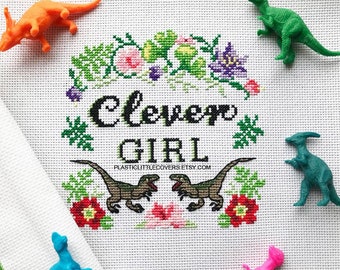 Dinosaur Cross Stitch Pattern PDF - Clever Girl - Modern Dinosaur Gift Idea - Jurassic Park Velociraptor Dinosaur Bedroom