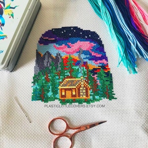 Padrão moderno de ponto cruz PDF - Página inicial - Cobertura completa Amante da natureza Cabin Woods Sunset Night Sky Design