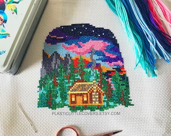 Modern Cross Stitch Pattern PDF - Home - Full Coverage Nature Lover Cabin Woods Sunset Night Sky Design