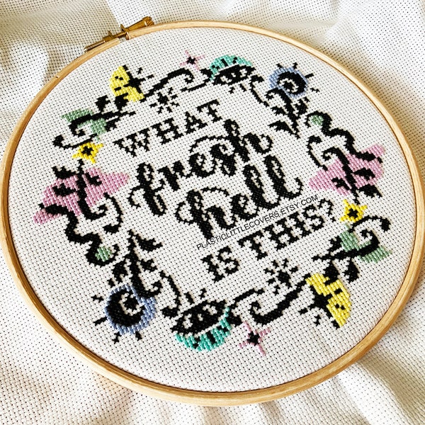 Modern Cross Stitch Kit - What Fresh Hell Is This? - Beginner Friendly Craft Kit - Tarot Celestial Sun Moon Witchy Snake Watercolour Motifs