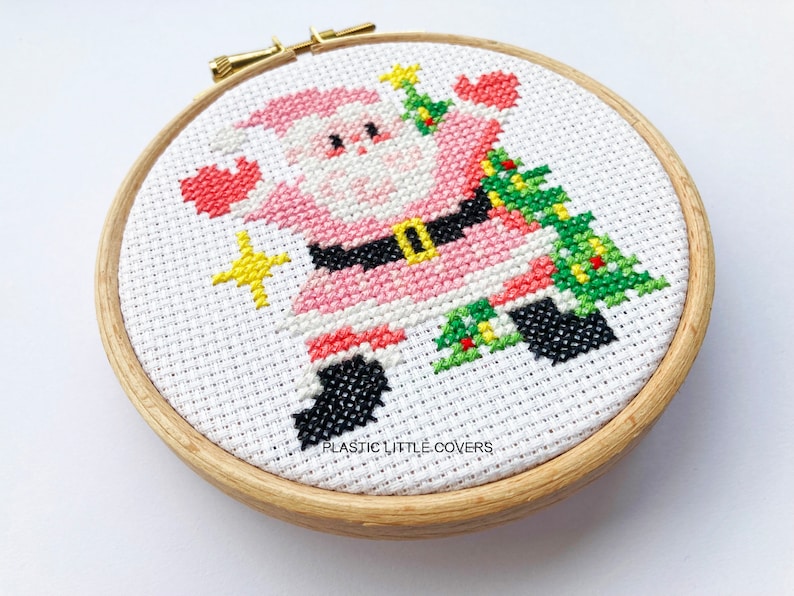 Modern Christmas Cross Stitch Pattern PDF Santa Baby Cute Pink Father Christmas Vintage Kitsch Retro Ornament Star Christmas Tree image 2