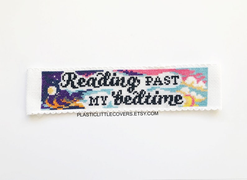 Bookmark Cross Stitch Pattern PDF Reading Past My Bedtime Modern Book Lover Gift Sunset to Sunrise Night Sky Sun Moon Celestial image 1