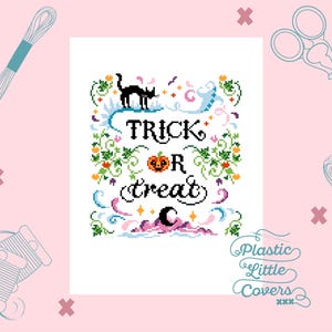 Halloween Cross Stitch Pattern PDF- Trick or Treat - Cute Modern X Stitch Decoration - Black Cat Witchy Gothic Ghost Pastel Spooky Season
