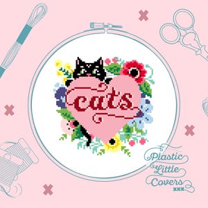 モダンなクロスステッチパターンPDF - 猫 - ラブハートフローラル - ペット愛好家へのギフトアイデア - 動物は人間よりも優れている - かわいい簡単XStitch