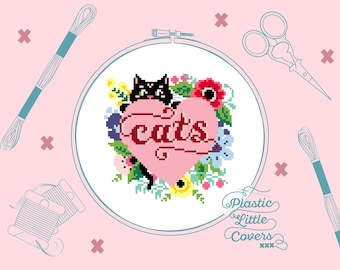 Modern Cross Stitch Pattern PDF - Cats - Love Heart Floral - Pet Lover Gift Idea - Animals Are Better Than People - Cute Kawaii Easy XStitch