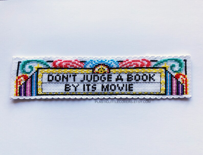 Modern Cross Stitch Bookmark Kit Don't Judge a Book By Its Movie Funny Book Lover Movie Lover Gift Vintage Cinema Aesthetic image 4