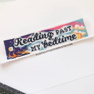 Bookmark Cross Stitch Pattern PDF Reading Past My Bedtime Modern Book Lover Gift Sunset to Sunrise Night Sky Sun Moon Celestial image 2