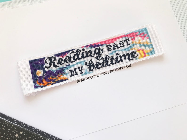 Bookmark Cross Stitch Pattern PDF Reading Past My Bedtime Modern Book Lover Gift Sunset to Sunrise Night Sky Sun Moon Celestial image 2