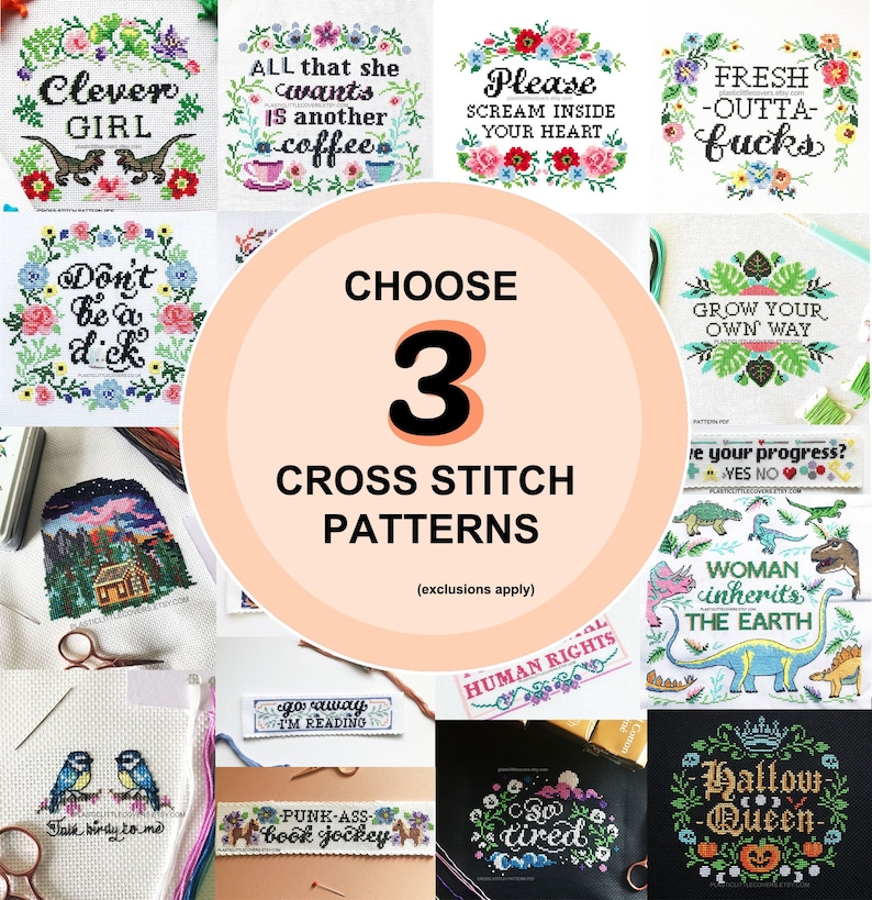 3 Modern Cross Stitch Patterns Bundle – Plastic Little Covers (PDF) image 1