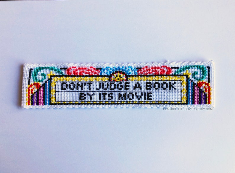 Modern Cross Stitch Bookmark Kit Don't Judge a Book By Its Movie Funny Book Lover Movie Lover Gift Vintage Cinema Aesthetic image 2