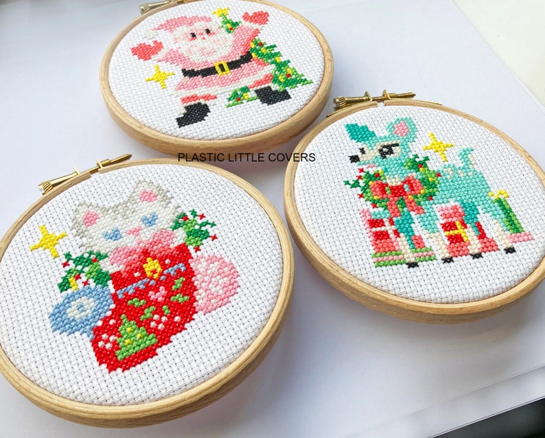 Modern Christmas Cross Stitch Pattern PDF Santa Baby Cute Pink Father Christmas Vintage Kitsch Retro Ornament Star Christmas Tree image 4