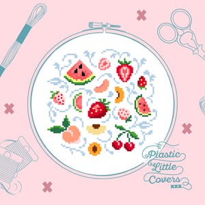 Modern Cross Stitch Pattern PDF - Summer Fruit - Strawberry Peach Watermelon Cherry - Cute X Stitch - Pixel Art Fruit - Kitchen Kitsch Decor