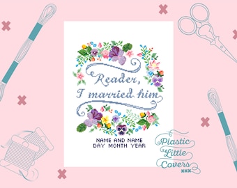 Floral Jane Eyre Cross Stitch Pattern – Customizable Wedding Quote (PDF Download)