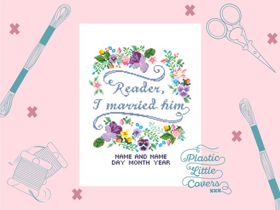 Floral Jane Eyre Cross Stitch Pattern – Customizable Wedding Quote (PDF Download)