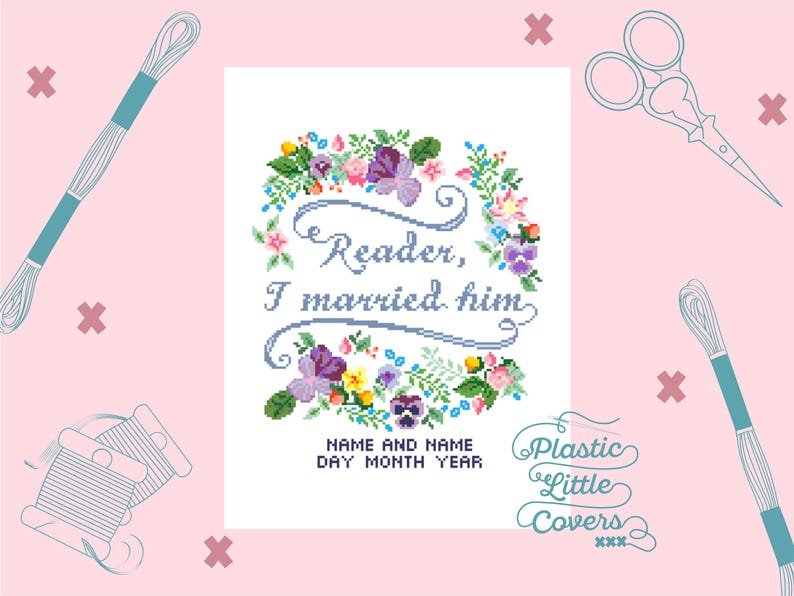Floral Jane Eyre Cross Stitch Pattern – Customizable Wedding Quote (PDF Download) image 1