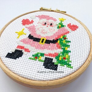 Modern Christmas Cross Stitch Pattern PDF Santa Baby Cute Pink Father Christmas Vintage Kitsch Retro Ornament Star Christmas Tree image 3