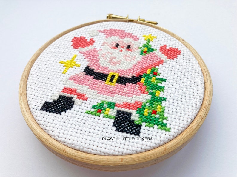 Modern Christmas Cross Stitch Pattern PDF Santa Baby Cute Pink Father Christmas Vintage Kitsch Retro Ornament Star Christmas Tree image 3