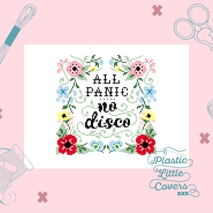 Modernes Kreuzstichmuster PDF - All Panic, No Disco - Verzierter Blumenkranz Bordüre - Frühlingsstrauß Wildblume X Stitch - Lustiges Meme Emo