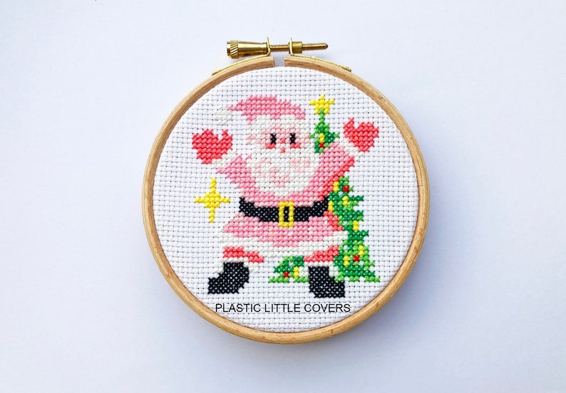 Modern Christmas Cross Stitch Pattern PDF Santa Baby Cute Pink Father Christmas Vintage Kitsch Retro Ornament Star Christmas Tree image 1