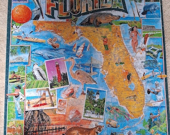 Könnte beinhalten: Ein rechteckiges Puzzle mit einer farbenfrohen Karte von Florida und dem Wort FLORIDA in großen Buchstaben. Das Design enthält Illustrationen eines Pelikans, Alligators, Rundschwanzseekuh, Reihers, Panthers, einer Orange, Leuchttürmen und Aktivitäten.