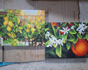 Könnte beinhalten: Zwei rechteckige Diamond-Painting-Leinwände. Die linke Leinwand zeigt einen Zitronenbaum mit gelben Früchten und grünen Blättern. Die rechte Leinwand zeigt eine einzelne Orange mit weißen Blüten und grünen Blättern vor dunklem Hintergrund.
