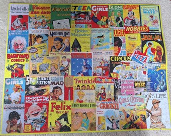Könnte beinhalten: Ein rechteckiges Puzzle mit einer Collage aus alten Zeitschriften- und Comic-Covern, darunter Titel wie Little Folks, Highlights, Teen, Children's Digest, Barnyard Comics, Science Fiction, Mad, Felix the Cat und Boys' Life.