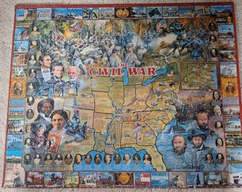 Könnte beinhalten: Ein rechteckiges Puzzle mit dem Titel The Civil War, das eine zentrale Karte der Vereinigten Staaten zeigt, umgeben von historischen Illustrationen von Soldaten, Porträts wichtiger Persönlichkeiten, Schlachtfeldern und kleinen Vignetten von Wahrzeichen mit rotem Rand.
