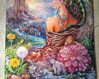 Könnte beinhalten: Ein rechteckiges Puzzle mit einer Fantasy-Illustration einer Person mit einem grünen Leguan auf dem Kopf, einer großen rosa Blume, einem Eisbären und einer Gruppe von Flamingos. In der Ferne steht ein Schloss unter einem farbenfrohen Himmel.