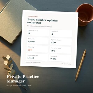 Private Practice Manager for Therapists | Google Sheets & Excel Client Tracker, Session Log, Income and Expense Template