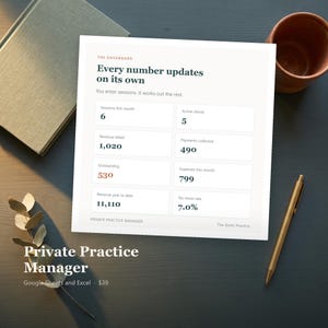 May include: A white digital dashboard print titled The Dashboard with the text Every number updates on its own. It displays business metrics including sessions, active clients, revenue, payments, expenses, and a no-show rate of 7.0 percent.