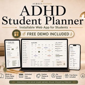 Puede incluir: Una aplicación web digital ADHD Student Planner mostrada en una computadora portátil, tableta y teléfono inteligente. La pantalla muestra un calendario de abril de 2025, funciones de estudio y seguimiento de progreso. El texto incluye ADHD Student Planner, Installable Web App for Students y Free Demo Included.