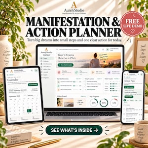 May include: A digital manifestation and action planner displayed on a laptop, tablet, and smartphone. The screens show a dashboard with calendars, habit trackers, and goal-setting tools. Text includes "Manifestation & Action Planner" and "FREE LIVE DEMO".