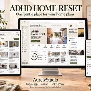Könnte beinhalten: Eine digitale Benutzeroberfläche mit dem Titel ADHD HOME RESET auf einem Desktop-Monitor, einem Tablet und einem Smartphone. Der Bildschirm zeigt ein Dashboard zur Heimorganisation mit Bereichen für Räume, Aufgaben und wöchentliche Fortschritte.