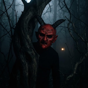 Op de afbeelding: Een rood duivelsmasker met opvallende zwarte hoorns, diepliggende ogen en een textuurrijk, gerimpeld gezichtsoppervlak. Het masker wordt gedragen over een effen zwart shirt met lange mouwen, gedeeltelijk verborgen door een donkere boomstam.