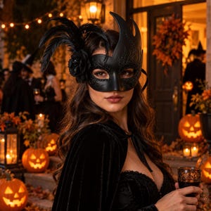 May include: A black masquerade mask featuring intricate cutouts, subtle glitter accents, and a decorative black fabric flower paired with long black feathers. The mask is worn over the eyes, complemented by a black velvet cape and a dark bodice.