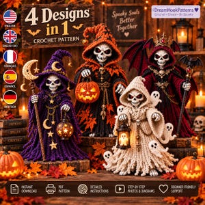Pode incluir: Um conjunto de padrões de crochê intitulado 4 Designs in 1 apresentando quatro esqueletos de crochê com mantos. Um veste roxo com um cajado lunar, um laranja com abóbora, um creme com fantasmas e um vermelho com asas de morcego.