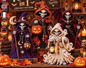 Grim Reaper Crochet Pattern Bundle, 4 Skeleton Amigurumi Designs, Gothic Halloween Decor PDF, Spooky Doll Digital Download