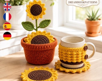 Sunflower Coaster Crochet Pattern PDF, Coaster Storage Pot & Mug Cozy Set, Kitchen Table Decor Digital Download, 4 Languages